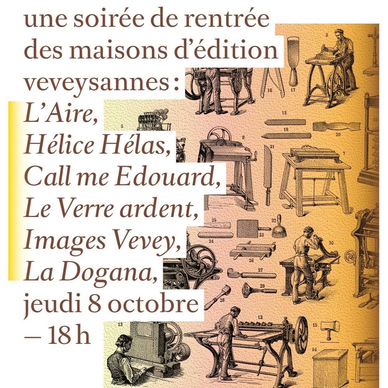 La Rentrée des maisons d’édition veveysannes

Les Éditions de l'Aire se réjouissent de marquer la création de la nouvelle Association veveysanne du livre avec la Rentrée des maisons d'édition veveysannes. Aux côtés de nos collègues, nous aurons le plaisir de vous présenter nos nouveautés, en présence de :
Joanne Chassot, autrice de PÉRÉGRINE
Vincent Gilloz, co-auteur de ON NE VEUT PLUS GAGNER

Pour célébrer cet élan littéraire, la soirée se clôturera par un apéro et le vin d'honneur offert par la Ville de Vevey 

Infos pratiques
La Rentrée des maisons d’édition veveysannes
Date : 8 octobre 2026, à partir de 18h
Lieu : Librairie la Fontaine, Rue du Lac 47, 1800 Vevey