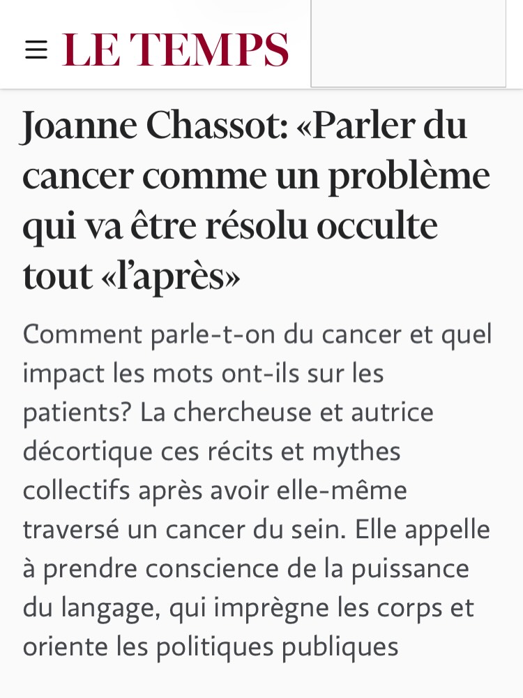 Comment écrire sur le cancer ? Joanne Chassot décortique récits et mythes collectifs, après avoir elle-même traversé un cancer du sein, dans Pérégrine, paru aux éditions de l’Aire en août 2026. Un article signé Agathe Seppey, pour Le Temps. 

@jochassot @letemps.ch @agathe.seppey 

#octobrerose #peregrine #joannechassot
